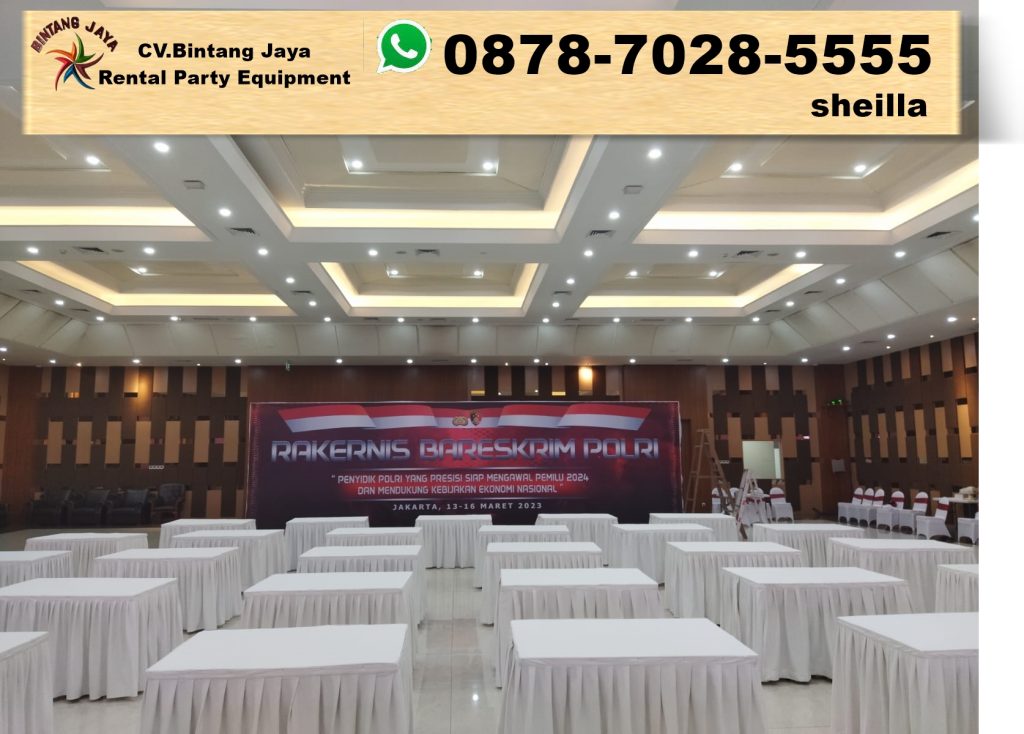 Sewa Meja Kotak 120x60 Taplak Putih Sekerting Putih Bekasi