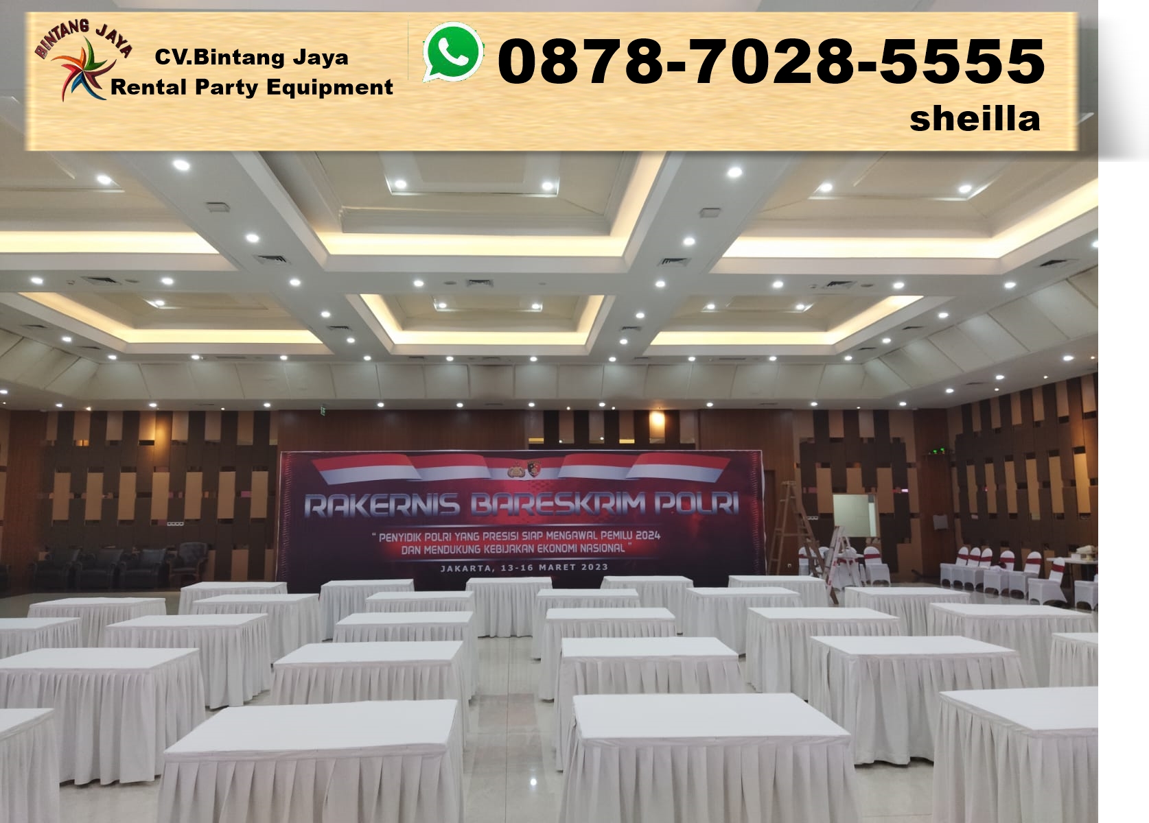 Sewa Meja Kotak 120x60 Taplak Putih Sekerting Putih Bekasi