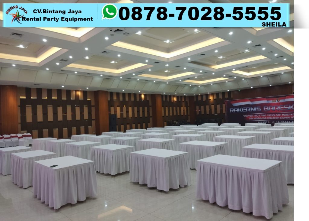 Sewa Meja Kotak 120x60 Taplak Putih Sekerting Putih Bekasi