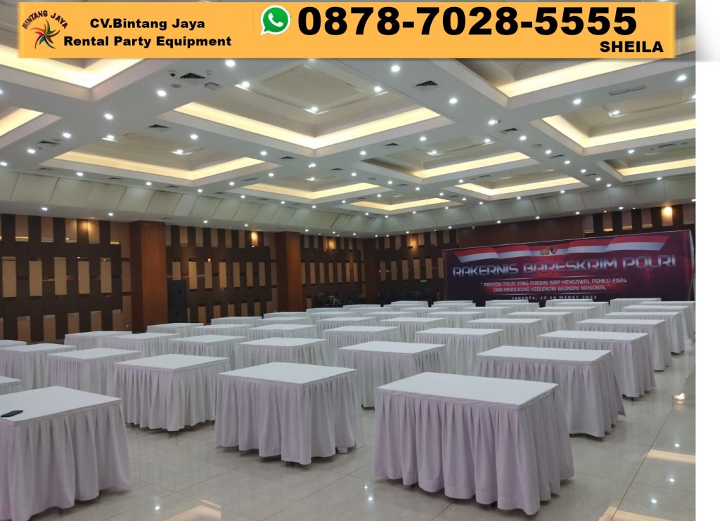 Sewa Meja Kotak 120x60 Taplak Putih Sekerting Putih Bekasi