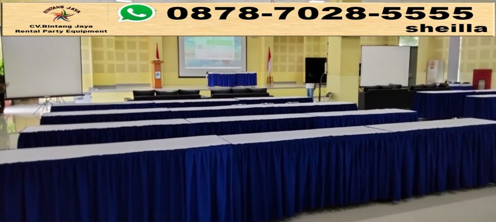 Sewa meja kotak taplak putih sekerting biru murah Jakarta