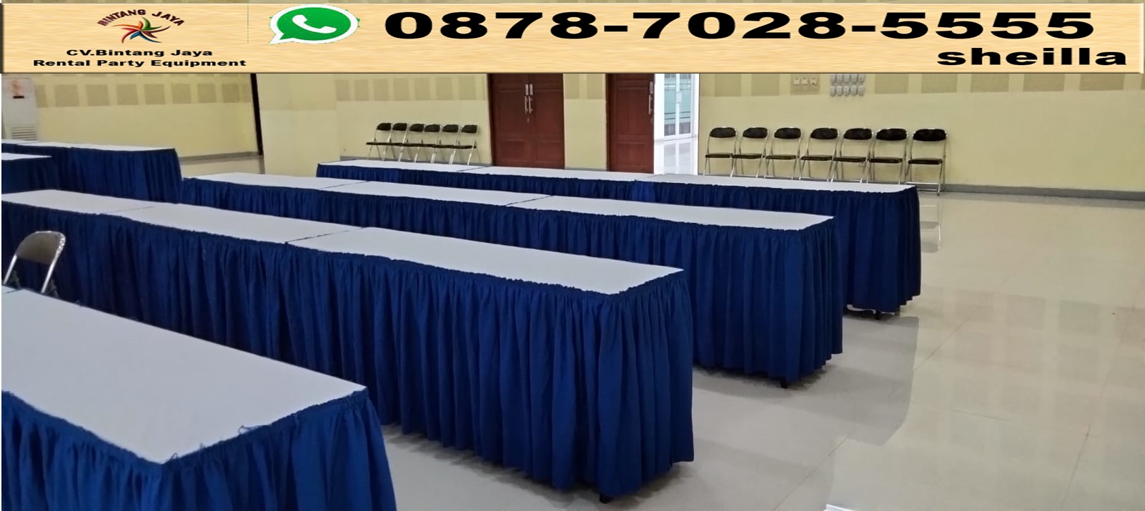 Sewa meja kotak taplak putih sekerting biru murah Jakarta